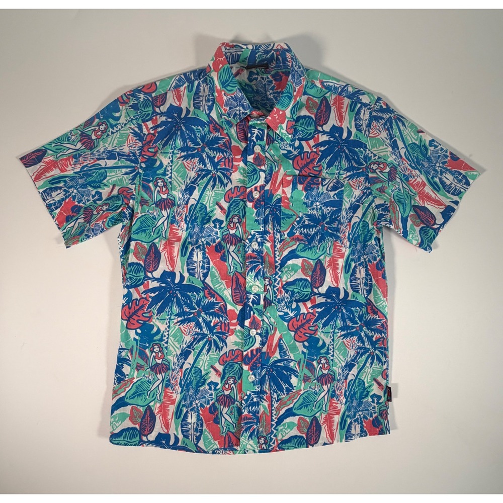 Extreme 80s Mens Tropical Hula Girl Cotton Button Down Shirt Y2K Rave Festival M